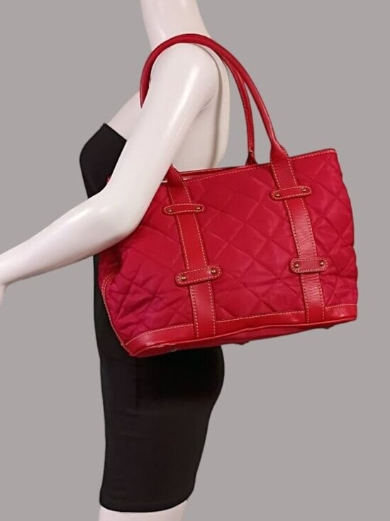 J. Crew Handbags - J. Crew Quilted Red Nylon Tote Bag With Leather Trim